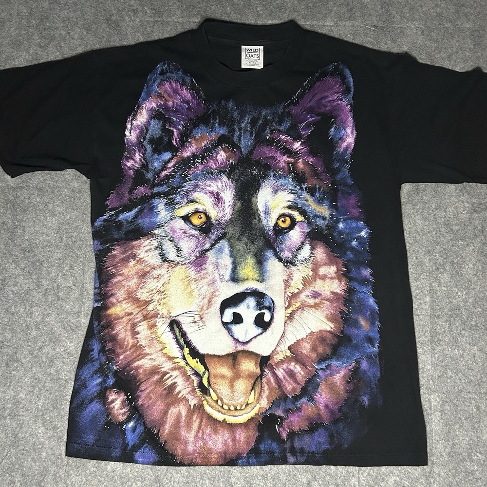Vtg 90's Men's Xl Wolves AOP Galaxy Single Stitch Sleeve Black Tshirt Husky Wolf